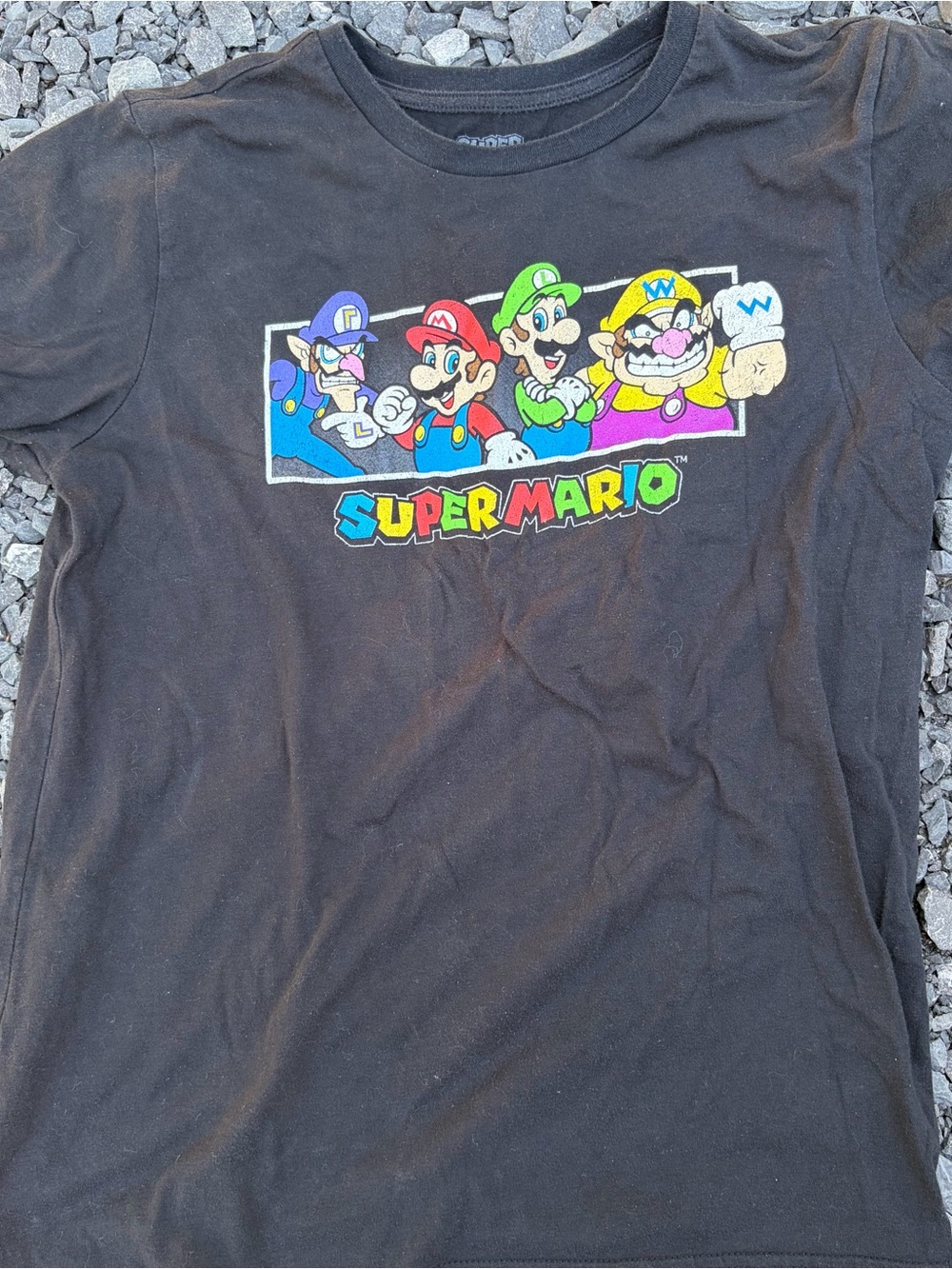 Nintendo Black Super Mario Character Panel Shirt with Multicolor Logo